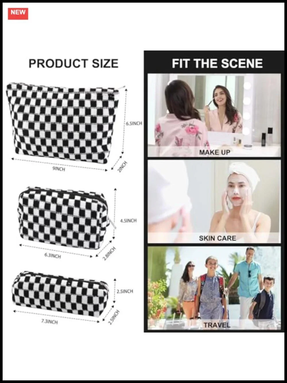 3-Piece Checkered Makeup Bag Set Large Capacity Travel Cosmetic Organizer Pouch